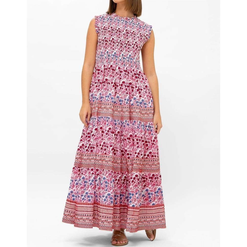 Oliphant Floral Block Print Sleeveless Smocked Maxi Dress Mendoza Coral Size M